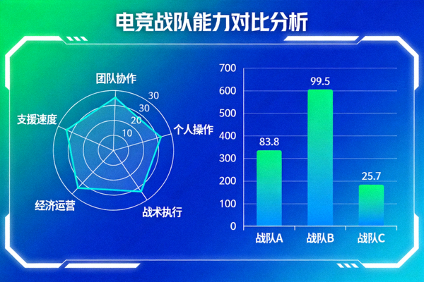 电竞数据可视化图表展示 - 雷达图与柱状图展示战队各项能力对比